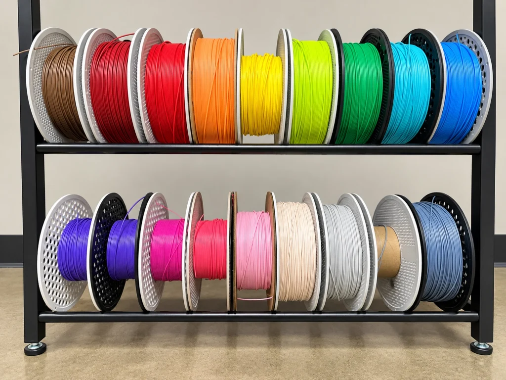 Rack holding various colors of filament spools
